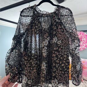 LOFT Black Sheer Floral Ruffle Blouse